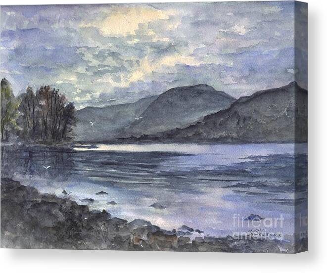 Lake Canvas Print featuring the painting Derwent Water England In The Glowing Moonlight by Carol Wisniewski