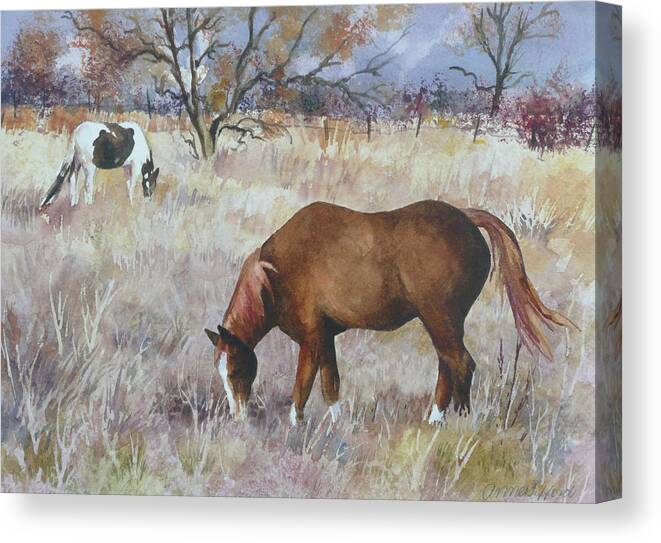 Horse Painting Canvas Print featuring the painting Jill's Horses on a November Day by Anne Gifford