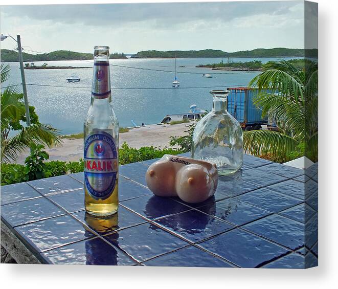 Duane Mccullough Canvas Print featuring the photograph Kalik Beer Bottle at the Front Porch by Duane McCullough