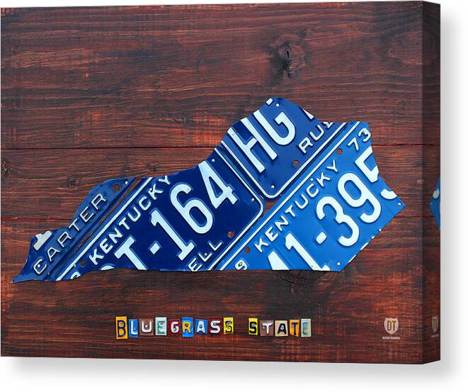 Kentucky Canvas Print featuring the mixed media Kentucky License Plate Map The Bluegrass State by Design Turnpike
