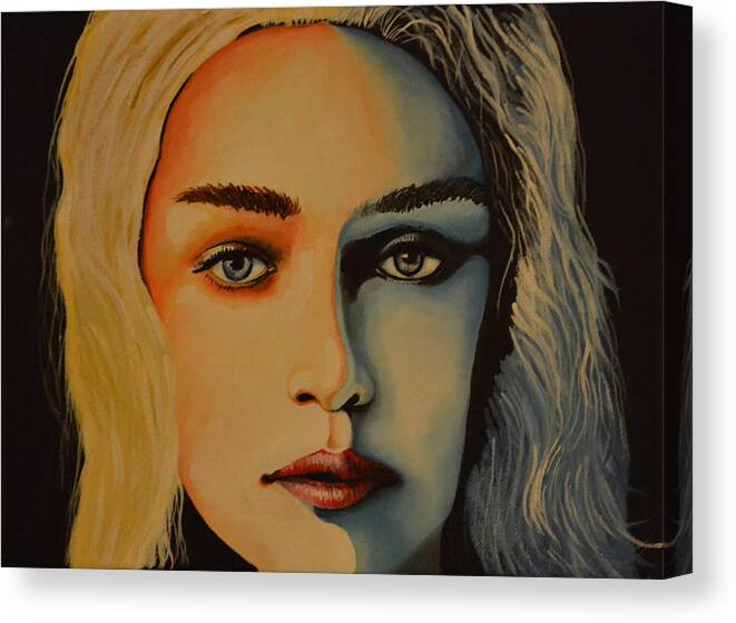 This Is A Painting Of Khalessi From The Series The Game Of Thrones. Her Face Is Painted In Two Different Colors. The Blue Represents Her Cold Side And The Bright Colors Her Caring Side. Canvas Print featuring the painting Khaleesi Game of Thrones by Martin Schmidt