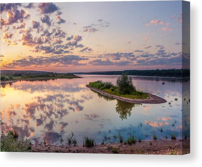 Quiet Canvas Print featuring the photograph Little island on sunset by Dmytro Korol