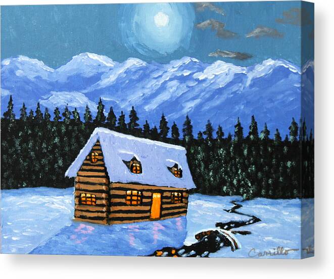 Holiday Cabin Canvas Print featuring the painting Little Winter Cabin by Ruben Carrillo