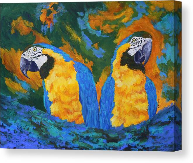 Macaw Canvas Print featuring the painting Macaw Mates by Margaret Saheed
