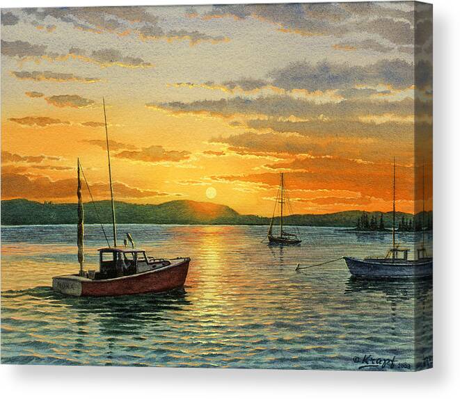 Seascape Canvas Print featuring the painting Maine Harbor Sunset by Paul Krapf