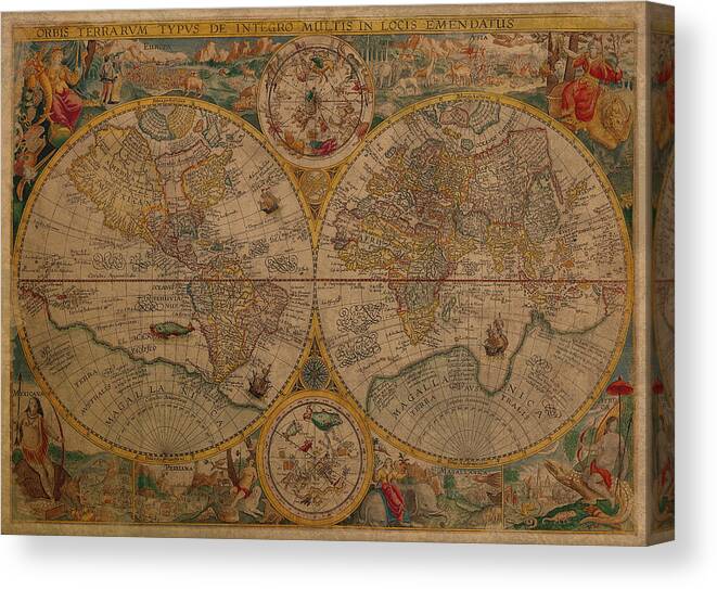 Map Canvas Print featuring the mixed media Map of the World 1599 Vintage Ancient Map on Worn Parchment by Design Turnpike