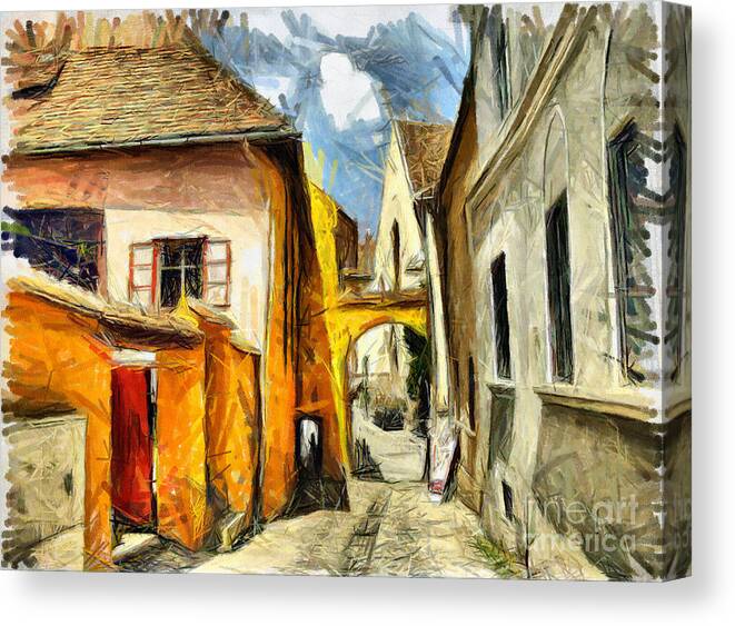 Street Canvas Print featuring the mixed media Medieval street in Sighisoara Transylvania Romania - painting by Daliana Pacuraru