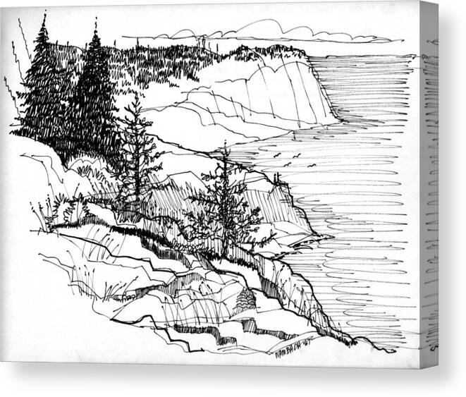 Monhegan Island Canvas Print featuring the drawing Monhegan Cliffs 1987 by Richard Wambach