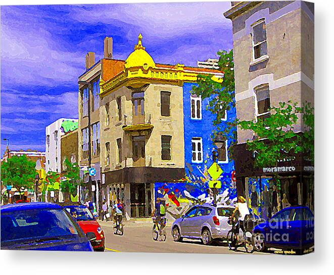 Moramarco Womens Clothing Canvas Print featuring the painting Moramarco And Resto Salle A Manger Mont Royal Cycling By Rue Chambord Montreal Scenes        by Carole Spandau