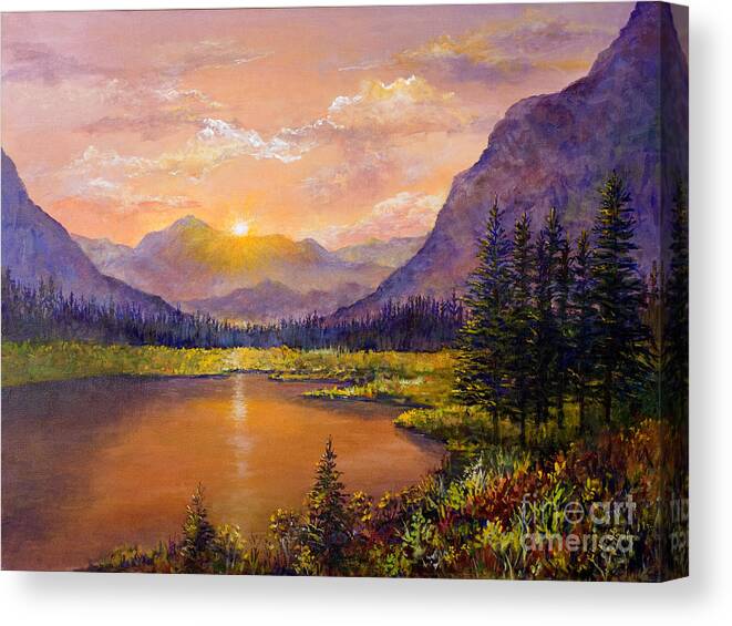 Mountains Canvas Print featuring the painting Mountain Lake Sunset by Lou Ann Bagnall