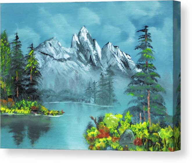 Mountain Lake Pond Meadow Tree Flower Evergreen Reflection Canvas Print featuring the painting Mountain Retreat by Michael Daniels