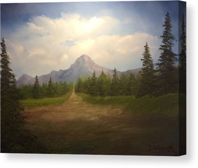 Landscape. Oil Painting. Mountains Sky. Clouds. Evergreens. Canvas Print featuring the painting Mountain run road by Justin Wozniak