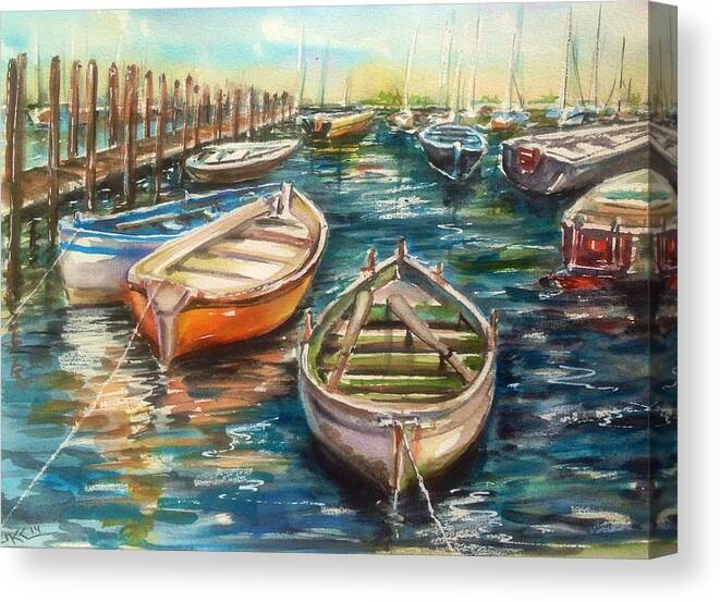 Ocean Canvas Print featuring the painting Near the harbour by Katerina Kovatcheva