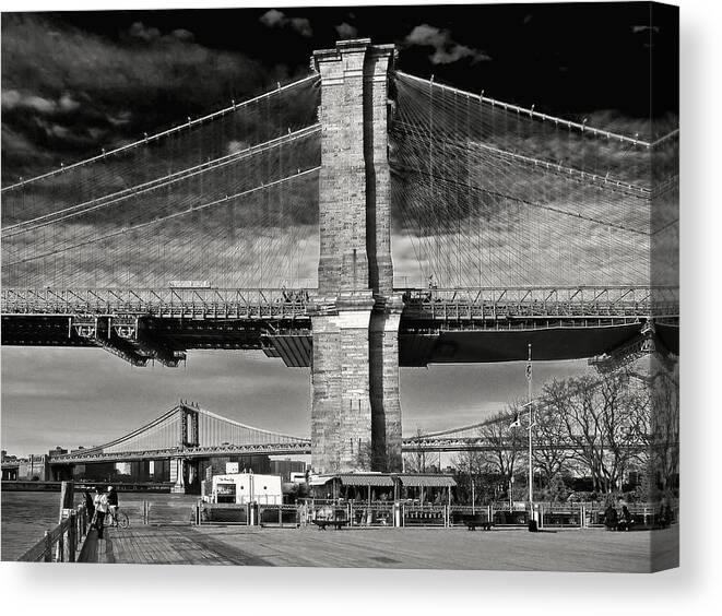 Amazing Brooklyn Bridge Canvas Print featuring the photograph New York Bridges in Black and White by Mitchell R Grosky