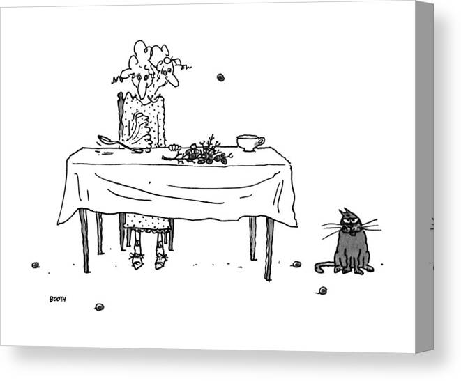 No Caption
An Elderly Woman Sitting At The Dinner Table Is Using Her Spoon To Catapault Grapes At Her Cat Canvas Print featuring the drawing New Yorker August 14th, 1995 by George Booth