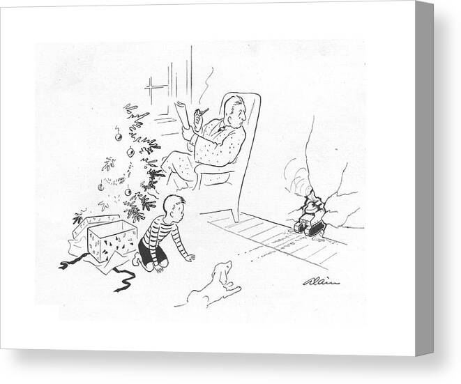 113076 Ala Alain Toy Tank Crashing Through The Wall. Boy Boys Childhood Children Christmas Claus Crashing Gift Gifts Holiday Holidays Kid Kids Little Morning Open Play Playing Present Presents Santa Season Seasons Tank Through Toy Wall Xmas Young Youth Canvas Print featuring the drawing New Yorker December 25th, 1943 by Alain