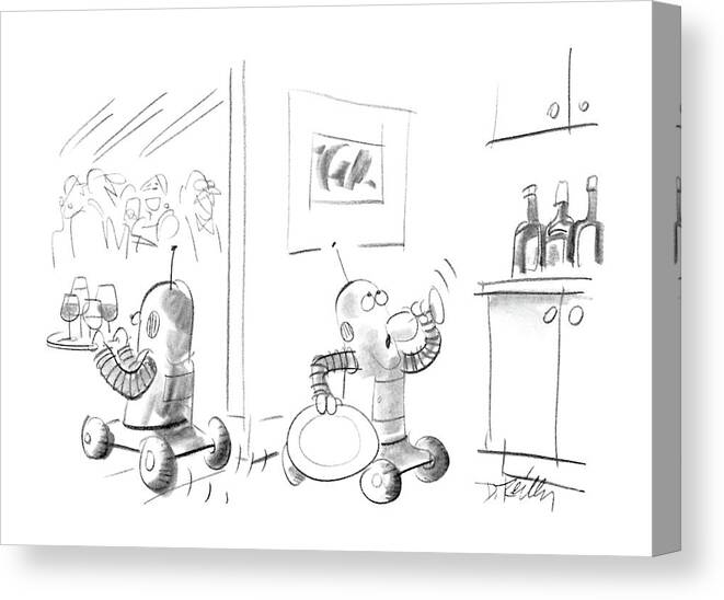 (two Robots Serving Drinks At A Party Canvas Print featuring the drawing New Yorker January 27th, 1986 by Donald Reilly