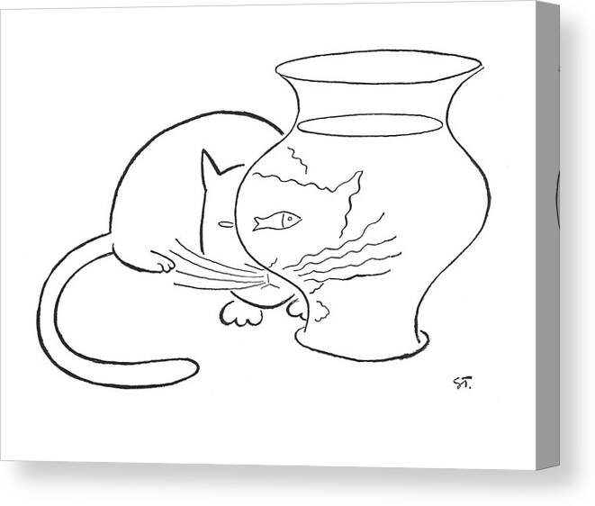 95208 Sst Saul Steinberg (cat Looks Into Fishbowl Canvas Print featuring the drawing New Yorker May 13th, 1950 by Saul Steinberg