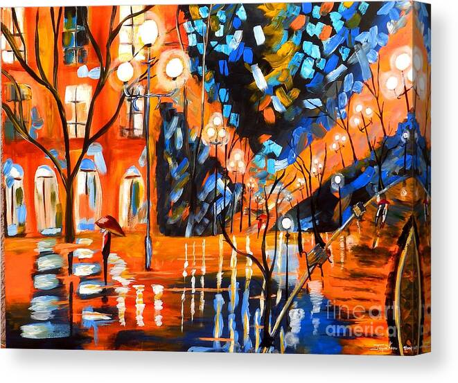 Landscape Canvas Print Canvas Print featuring the painting Night Village Rain by Jayne Kerr