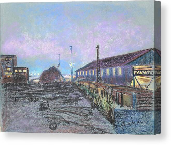 Industrial Landscape Painting Canvas Print featuring the pastel Nightfall on the Metal Mountain at Schnitzer Steel by Asha Carolyn Young