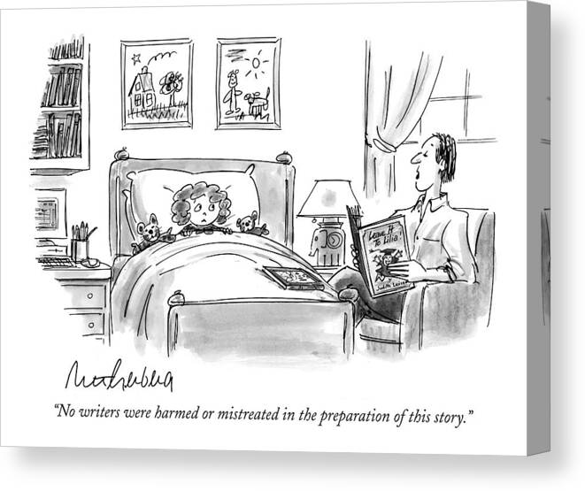 
(father Reading Bedtime Story To Daughter.) Books Canvas Print featuring the drawing No Writers Were Harmed Or Mistreated by Mort Gerberg