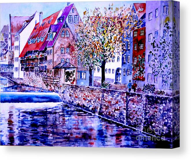 Watercolor Canvas Print featuring the painting Nuernberg walkby the riverside by Almo M