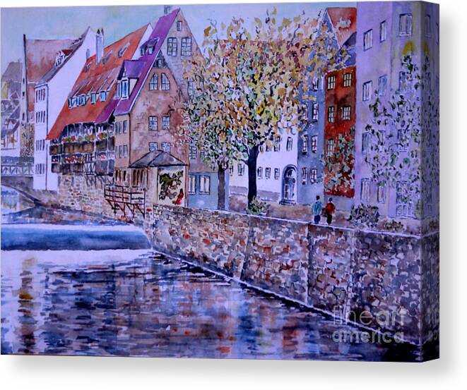 Watercolour Canvas Print featuring the painting Nuremberg walk by the riverside by Almo M