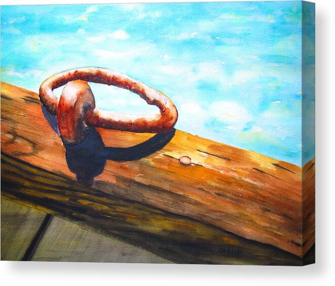 Nautical Canvas Print featuring the painting Old Mooring Ring on Wood Dock by Carlin Blahnik CarlinArtWatercolor