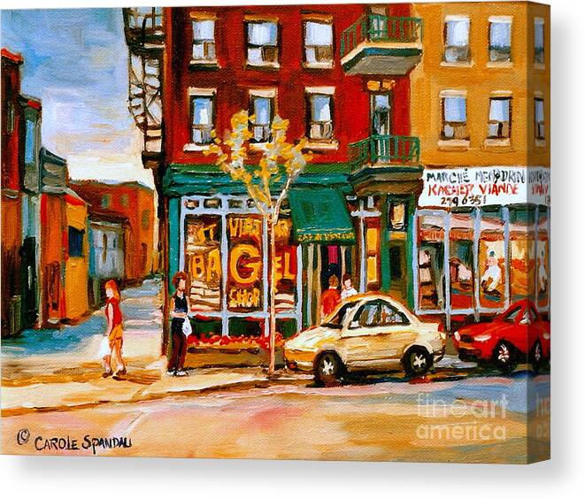 Montreal Canvas Print featuring the painting Paintings Of Famous Montreal Places St. Viateur Bagel City Scene by Carole Spandau