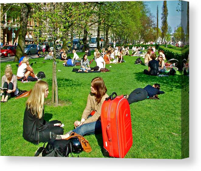 People On The Esplanade In Helsinki Canvas Print featuring the photograph People on the Esplanade in Helsinki-Finland by Ruth Hager