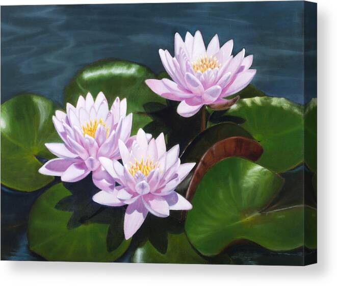 Flowers Canvas Print featuring the painting Pink Water Lilies - oil painting on canvas by Elena Polozova