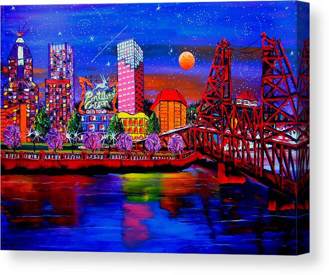  Canvas Print featuring the painting Portland Starry Night City Lights 52 by James Dunbar