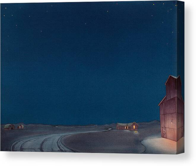 Grain Elevator Art Canvas Print featuring the painting Pre-Dawn On The Hi Line II by Scott Kirby