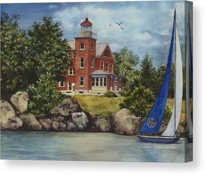 Put In Bay Lighthouse Painting Canvas Print featuring the painting Put-In-Bay Lighthouse by Terri Meyer
