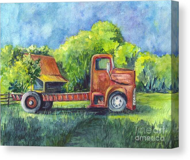 Truck Canvas Print featuring the painting We Have Retired Here by Carol Wisniewski