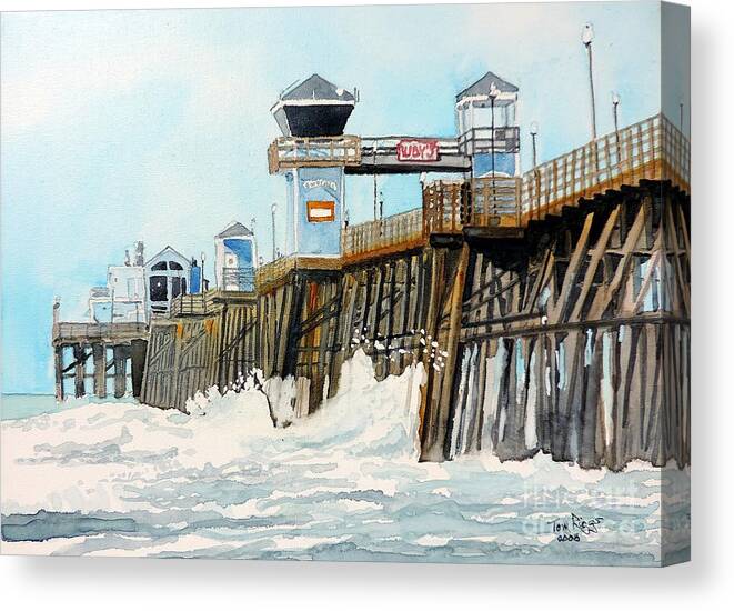 Watercolor Canvas Print featuring the painting Ruby's Oceanside Pier by Tom Riggs