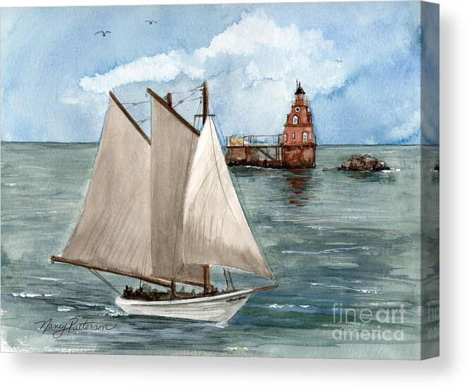 Ship John Shoal Lighthouse Canvas Print featuring the painting Safely Past the Shoal by Nancy Patterson
