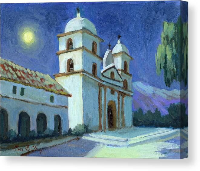 California Mission Canvas Print featuring the painting Santa Barbara Mission Moonlight by Diane McClary