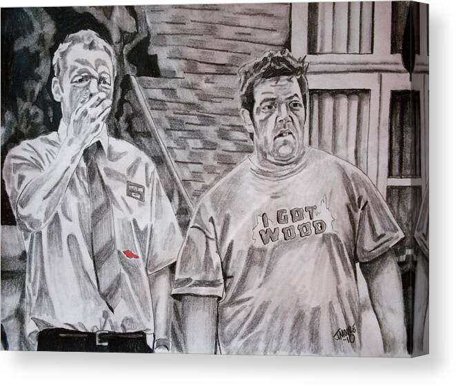 Shaun Ed Dead Simon Pegg Nick Frost Zombie Red Horror Comedy Humor British English Movie Film Canvas Print featuring the drawing Shaun and Ed by Jeremy Moore