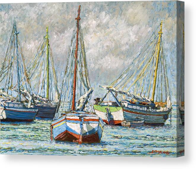 Marsh Harbour Canvas Print featuring the painting Sloops At Rest by Ritchie Eyma