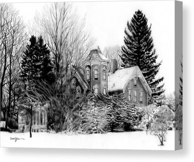 Pencil Canvas Print featuring the drawing DA196 Snow House by Daniel Adams by Daniel Adams