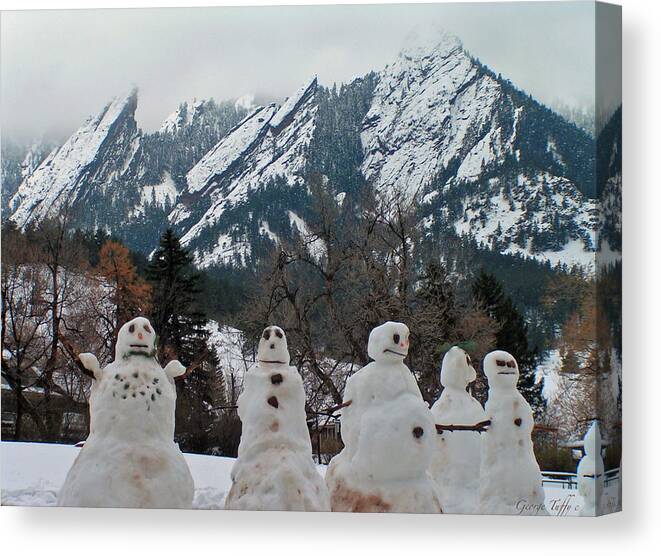 Snowman Winter Snow Nature Flatirons Boulder Colorado Rocky Mountains Nature Chautauqua Canvas Print featuring the photograph Flatiron snowmen. by George Tuffy