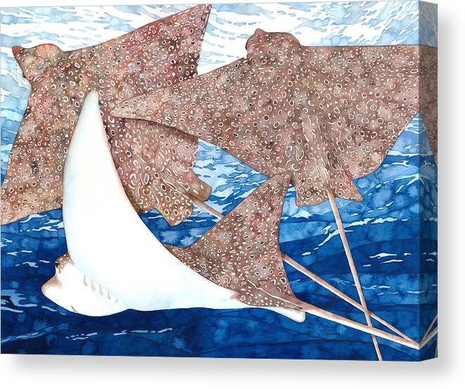 Spotted Eagle Ray Canvas Print featuring the painting Soaring Eagle Rays by Pauline Walsh Jacobson