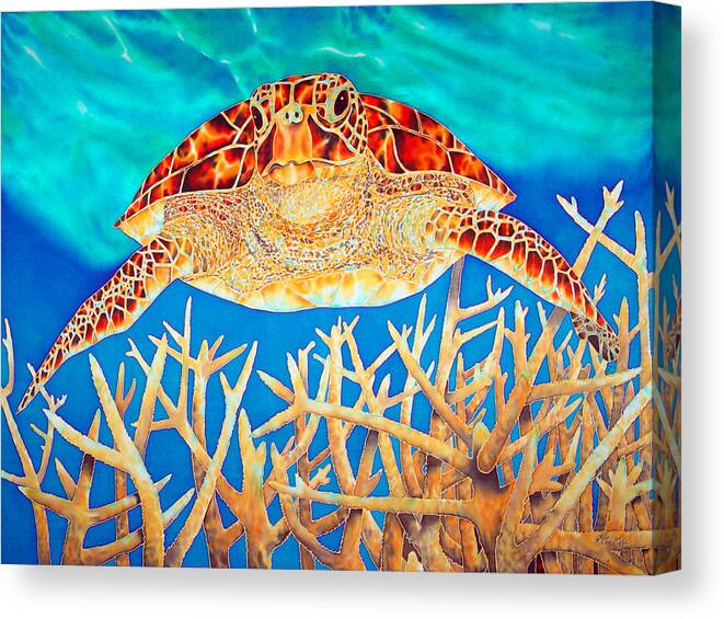 Sea Turtle Canvas Print featuring the painting Sea Turtle Soaring over Staghorn by Daniel Jean-Baptiste