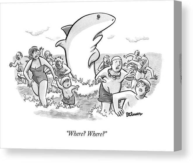 Shark Canvas Print featuring the drawing Someone Has Just Yelled Shark! At The Beach by Benjamin Schwartz