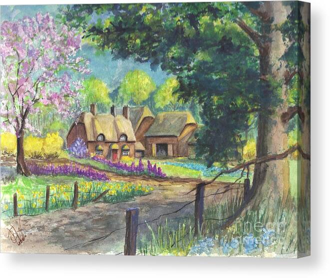 Hand Painted Canvas Print featuring the painting Springtime Cottage by Carol Wisniewski