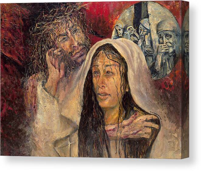 Religious Art Canvas Print featuring the painting Station IV Jesus Meets His Mother by Patricia Trudeau