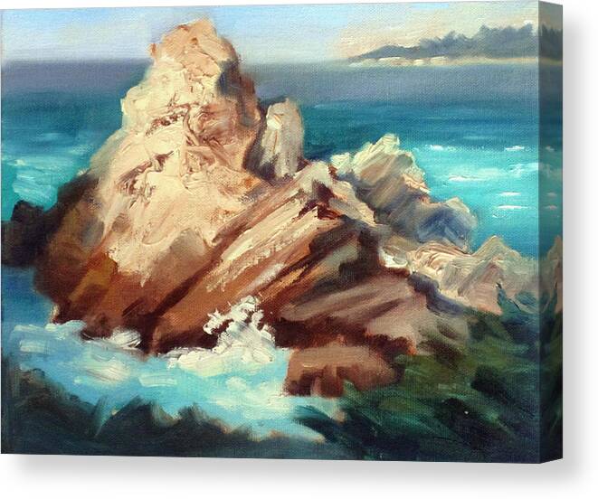 Point Lobos Canvas Print featuring the painting Sunlit Rock Point Lobos by Karin Leonard