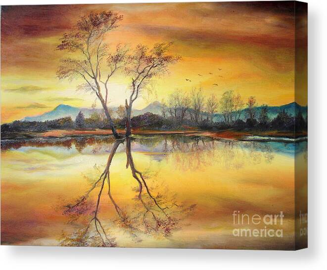 Autumn Canvas Print featuring the painting Sunset on the lake by Sorin Apostolescu
