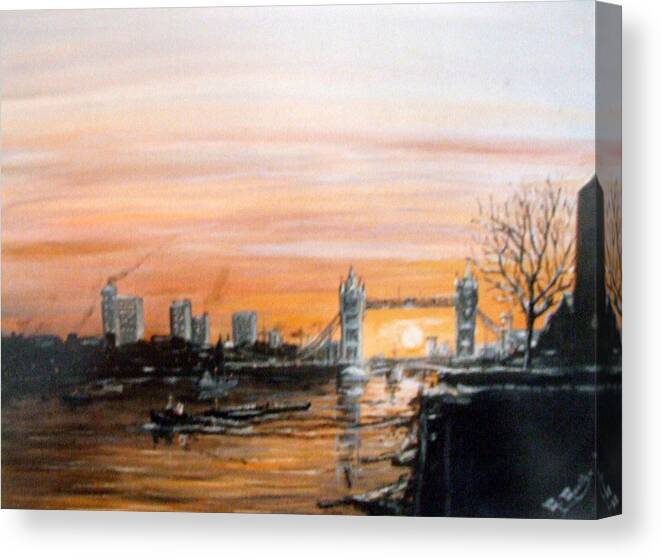 Sunset Canvas Print featuring the painting Sunset over Tower Bridge London from Pier Head Wapping by Mackenzie Moulton